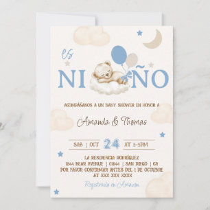 Bear Blue Boy Spanish Baby Shower Invitation