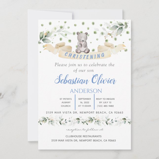 Bear Blue Floral Greenery Baptism Girl  Invitation (Front)
