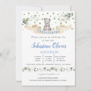Bear Blue Floral Greenery Baptism Girl Invitation