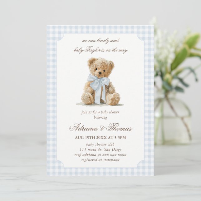 Bear Blue Gingham Boy Baby Shower Invitation (Standing Front)