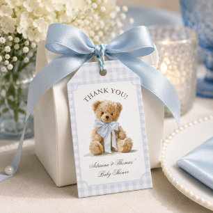 Bear Blue Gingham Boy Baby Shower Thank You Gift Tags
