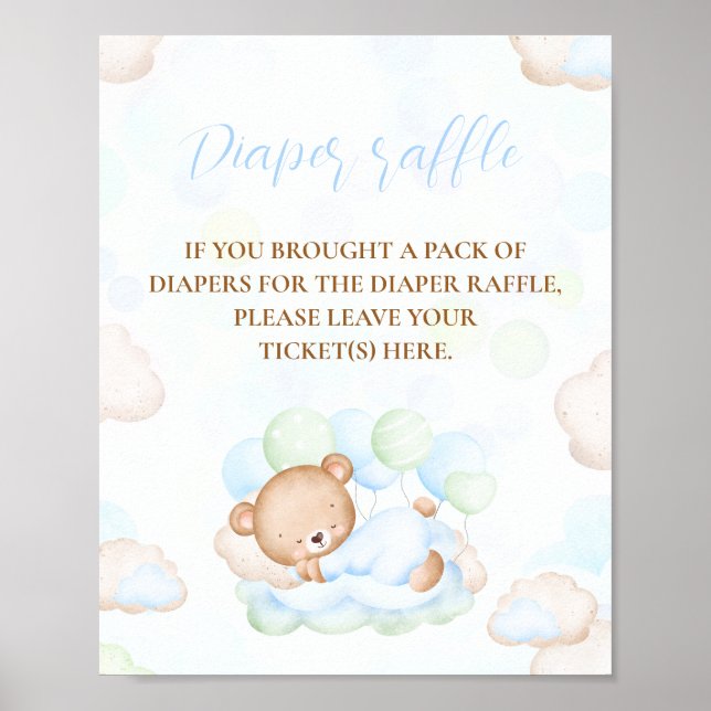 Bear Blue Green Boy Baby Shower Diaper Raffle Sign (Front)