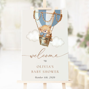 Bear, Blue Hot Air Balloon, Baby Shower Welcome Poster
