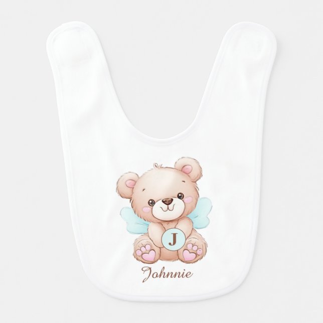 Bear Blue Monogram Add Name Baby Bib (Front)