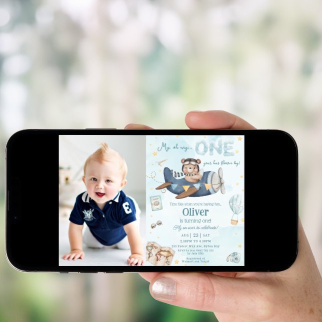 Bear Blue Plane Time Flies One 1st Birthday Photo Invitation (Front Digital)
