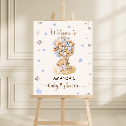 Bear Blue Sand Balloons Rustic Baby Shower Welcome Poster