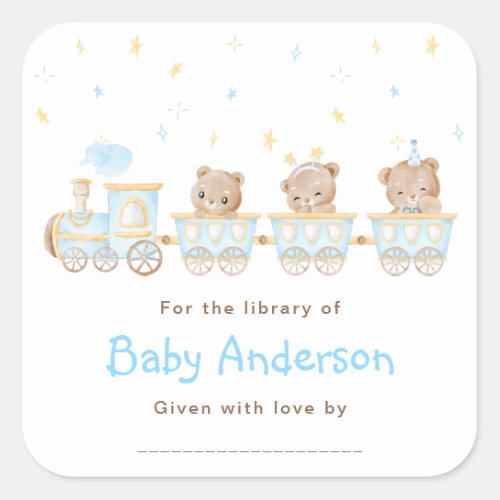 Bear Blue Train Baby Shower Bookplate