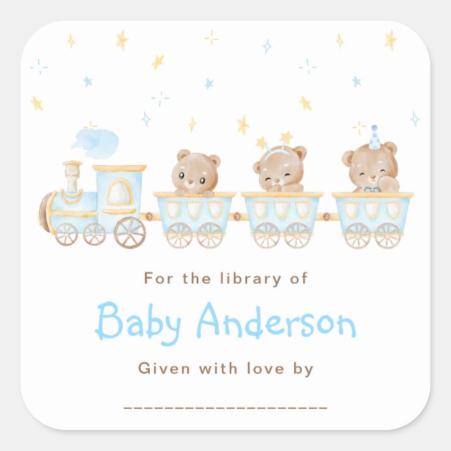 Bear Blue Train Baby Shower Bookplate (Front)