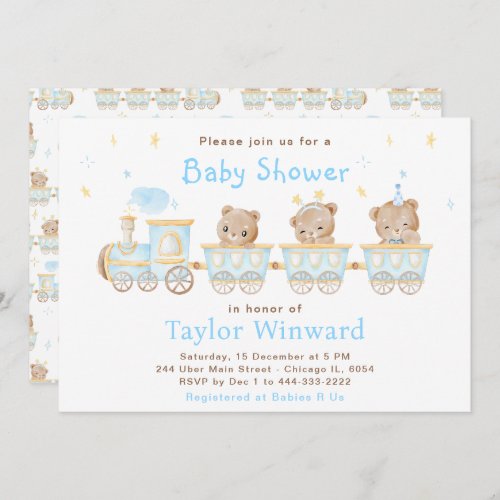 Bear Blue Train Baby Shower Invitation