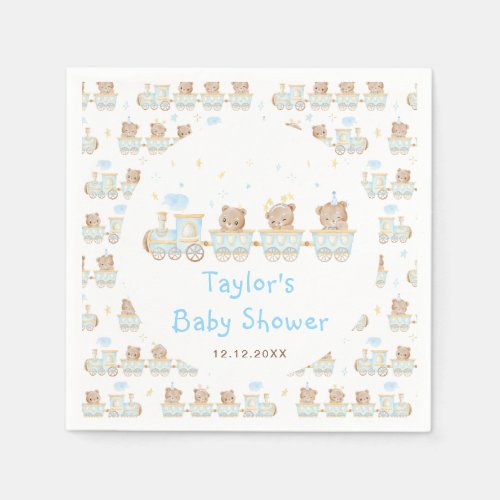 Bear Blue Train Baby Shower Napkins