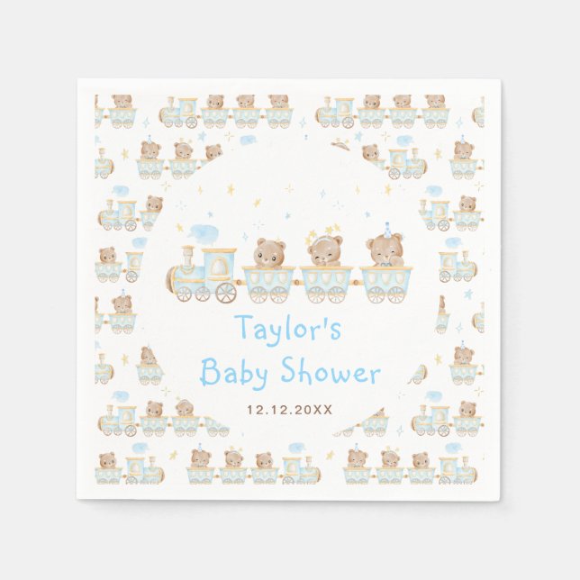 Bear Blue Train Baby Shower Napkins (Front)