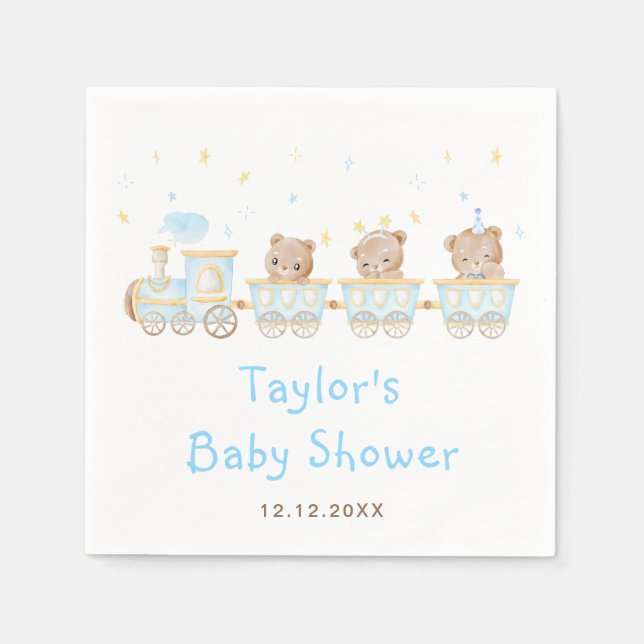 Bear Blue Train Baby Shower Napkins (Front)