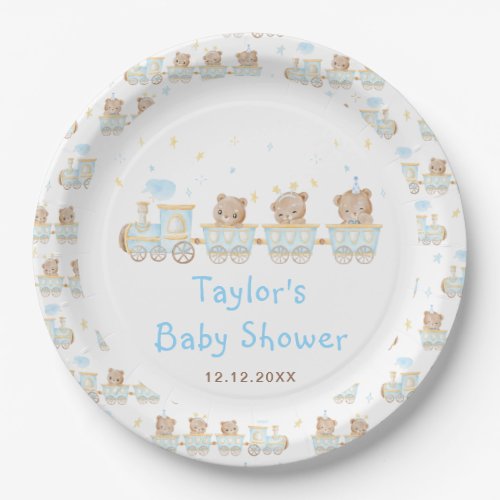 Bear Blue Train Baby Shower Paper Plates