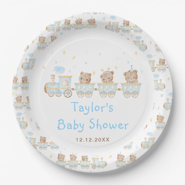 Bear Blue Train Baby Shower Paper Plates (Front)