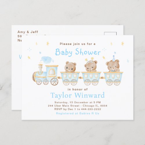 Bear Blue Train Baby Shower Postcard