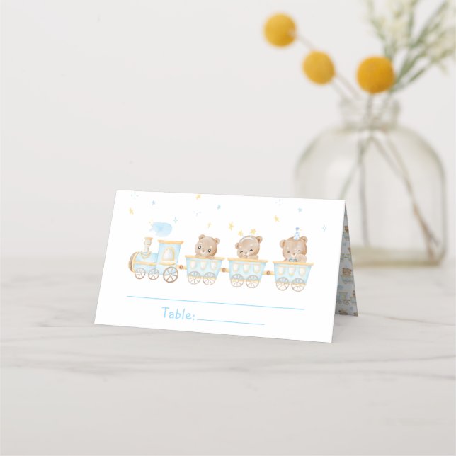 Bear Blue Train Baby Shower Table Number Place Card (Front)