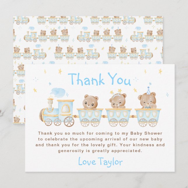 Bear Blue Train Baby Shower Thank You Card (Front/Back)