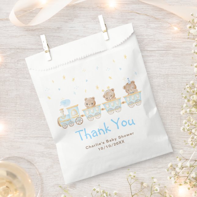 Bear Blue Train Baby Shower Thank You Favor Bag (Clipped)