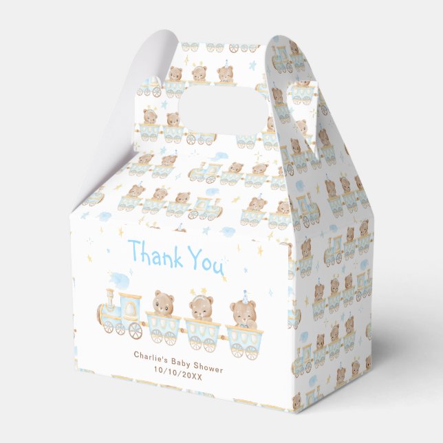 Bear Blue Train Baby Shower Thank You Favor Boxes (Front Side)