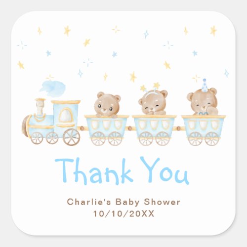 Bear Blue Train Baby Shower Thank You Square Sticker