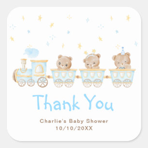 Bear Blue Train Baby Shower Thank You Square Sticker