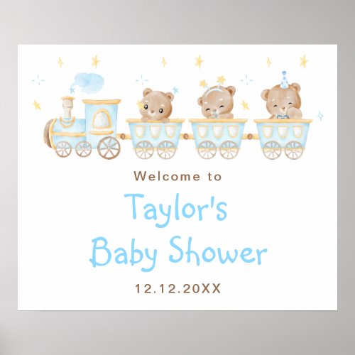 Bear Blue Train Baby Shower Welcome Poster
