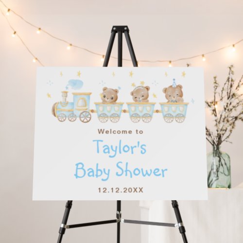 Bear Blue Train Baby Shower Welcome Sign