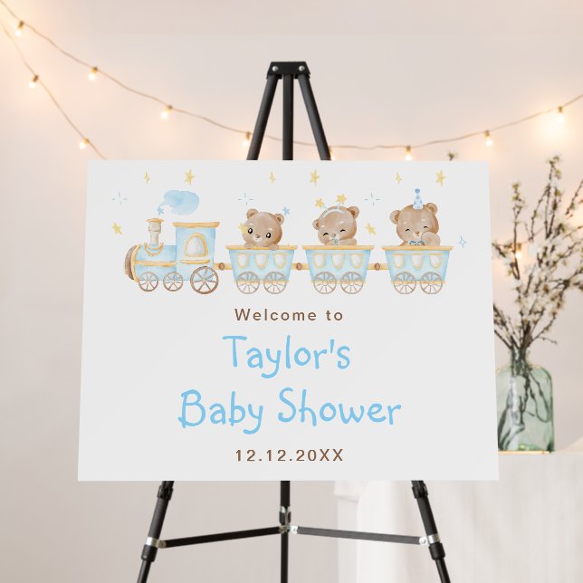 Bear Blue Train Baby Shower Welcome Sign (In Situ (Stand))