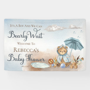 Bear Blue Umbrella Bearly Wait Boy Baby Shower Banner