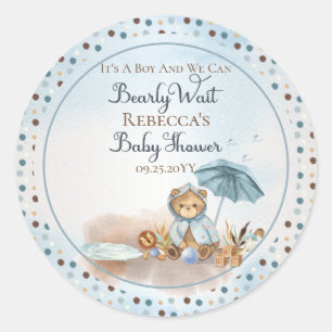 Bear   Blue Umbrella Bearly Wait Boy Baby Shower   Classic Round Sticker