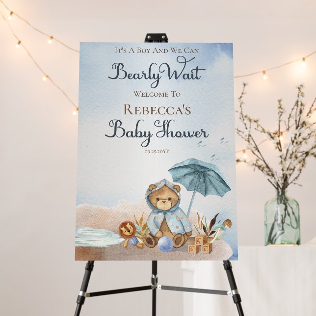 Bear | Blue Umbrella Bearly Wait Boy Baby Shower Foam Board (In Situ (Stand))