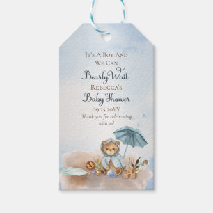 Bear Blue Umbrella Bearly Wait Boy Baby Shower Gift Tags