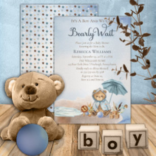 Bear   Blue Umbrella Bearly Wait Boy Baby Shower Invitation