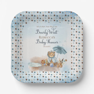 Bear Blue Umbrella Bearly Wait Boy Baby Shower P Paper Plates