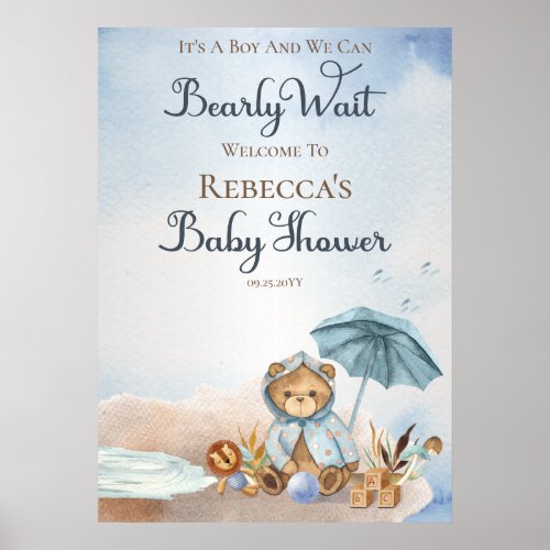 Bear  Blue Umbrella Bearly Wait Boy Baby Shower Poster