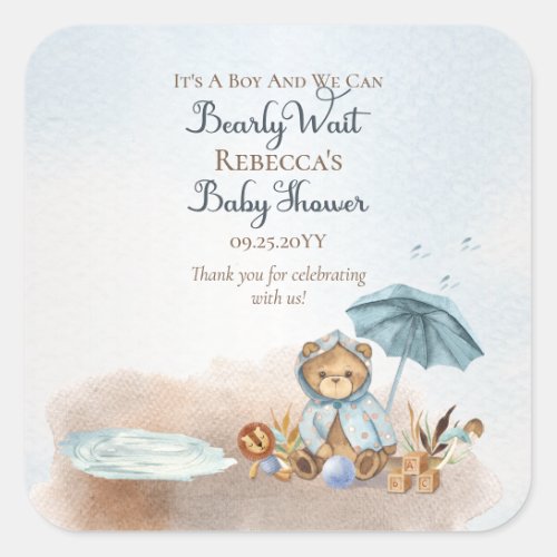 Bear  Blue Umbrella Bearly Wait Boy Baby Shower  Square Sticker