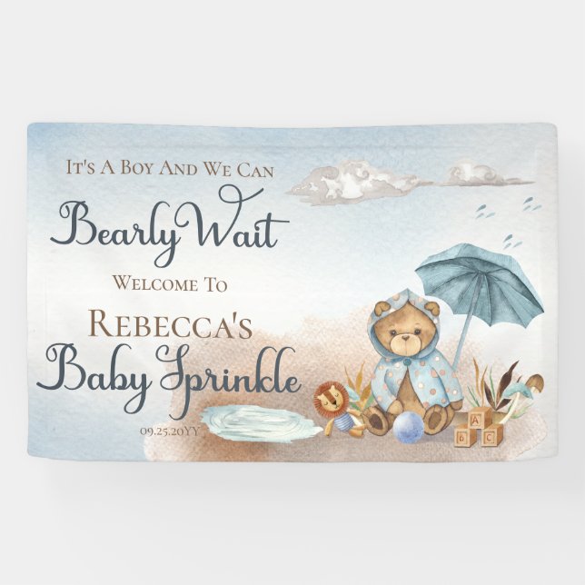Bear | Blue Umbrella Bearly Wait Boy Baby Sprinkle Banner (Horizontal)