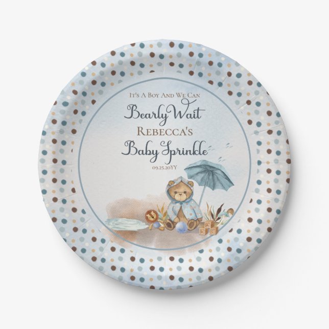 Bear | Blue Umbrella Bearly Wait Boy Baby Sprinkle Paper Plates (Front)