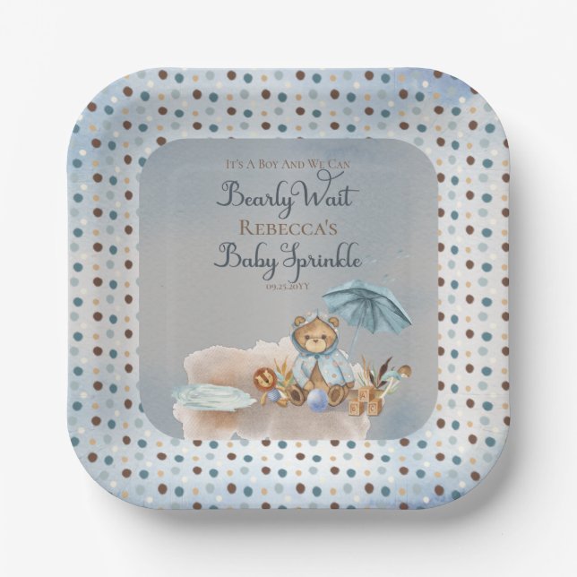 Bear | Blue Umbrella Bearly Wait Boy Baby Sprinkle Paper Plates (Front)
