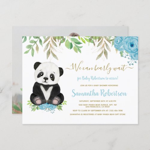 Bear Blue Watercolor Floral can bearly wait Photo Invitation Postcard