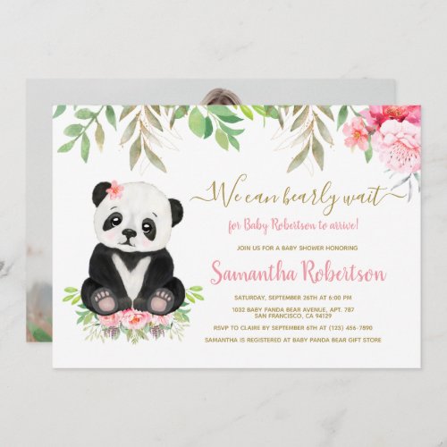 Bear Blush Pink Flowers Baby Shower Custom Photo Invitation