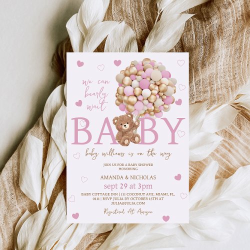 Bear Blush Pink Gold Balloons Girl Baby Shower  Invitation