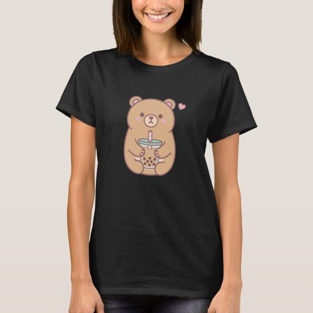 Bear Boba Buddy Kawaii Bear Drinking Bubble Tea T-Shirt (Front)