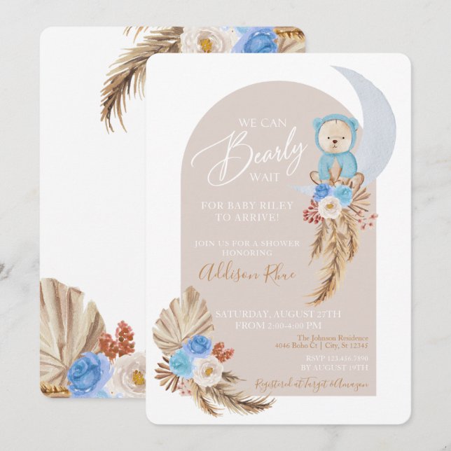 Bear Boho Blue Floral Baby Boy Shower Invitation (Front/Back)