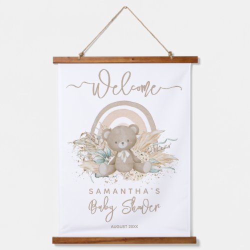 Bear boho rainbow pampas Baby Shower welcome Hanging Tapestry
