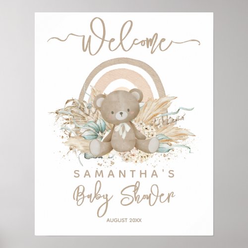 Bear boho rainbow pampas Baby Shower welcome  Poster