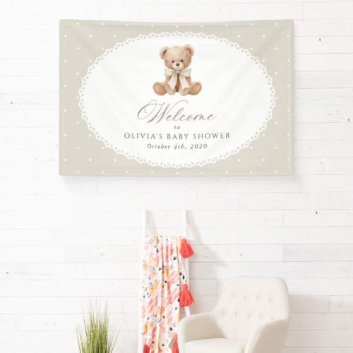 Bear, Bow, Beige Polka Dots, Baby Shower Welcome Banner