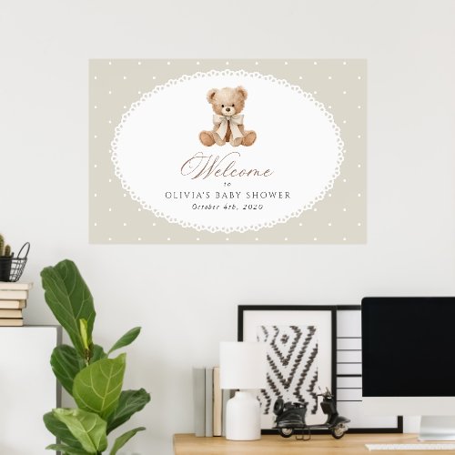 Bear, Bow, Beige Polka Dots, Baby Shower Welcome Poster