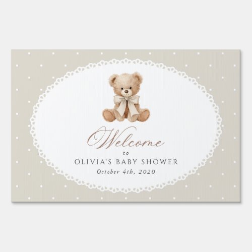 Bear, Bow, Beige Polka Dots, Baby Shower Welcome Sign