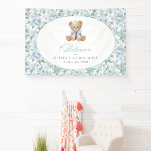 Bear, Bow, Blue Flowers, First Birthday Welcome Banner